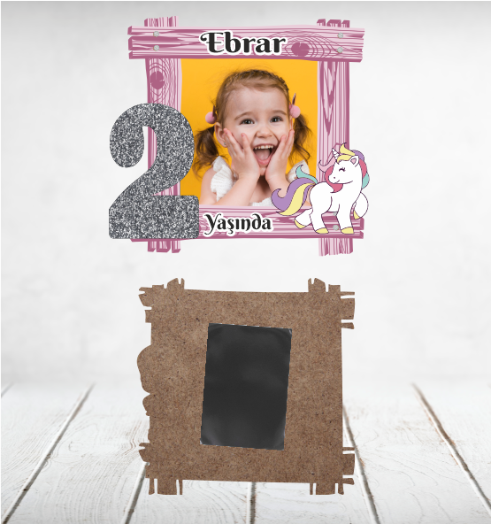 2 rakamlı unicorn pembe zeminli çit ahşap magnet